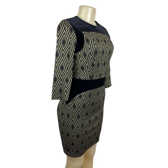 The Limited Black & Tan Diamond Pattern Dress 3/4 Sleeve Size 0 - Picture 2 of 8